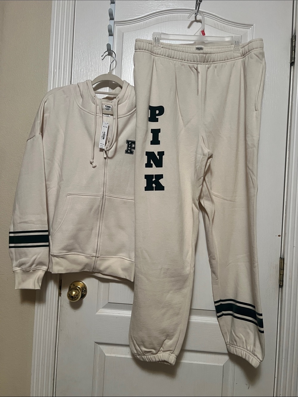 PINK Victoria's Secret Cream Jogger Set with Green Logo & Stripes